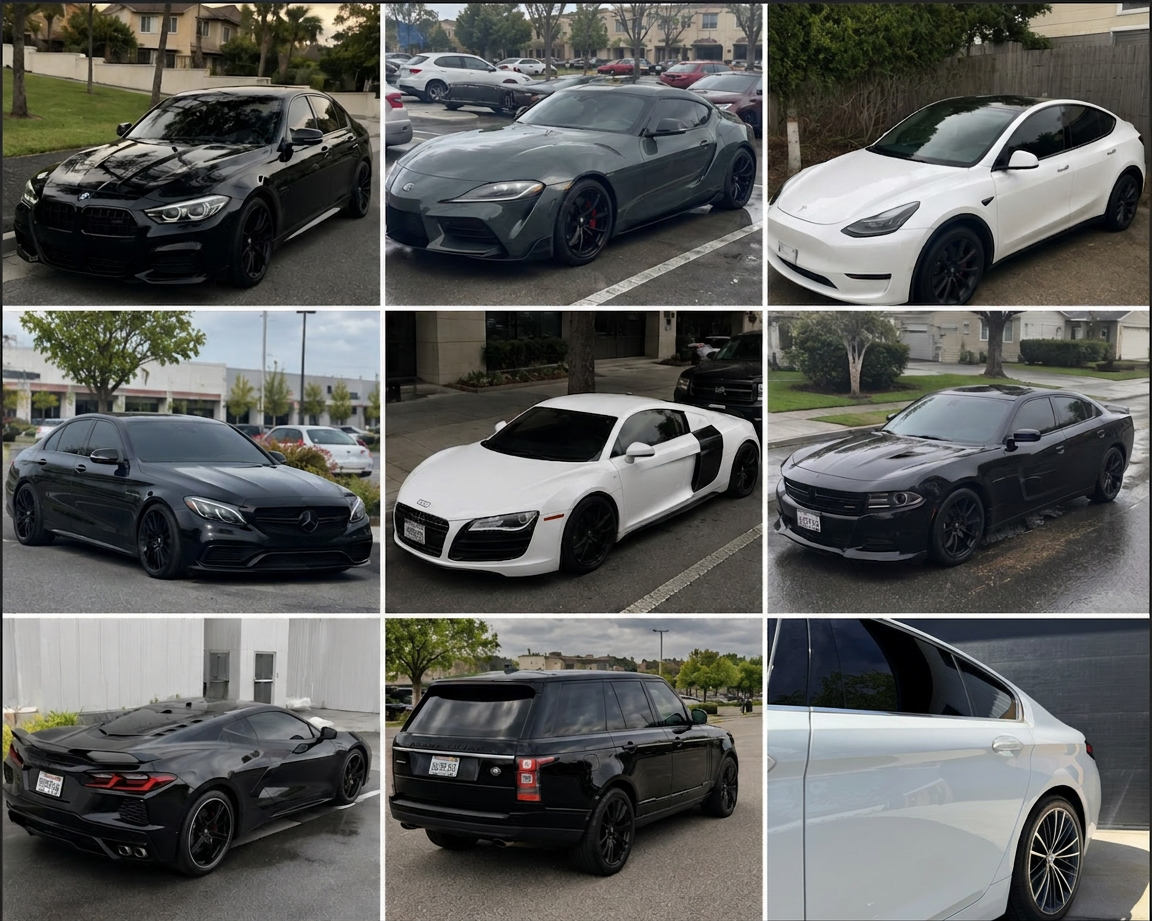 Grid of vehicles tinted by SMPL Auto Spa including BMW M3, Toyota Supra, Tesla Model Y, Mercedes, Audi R8, Dodge Charger, Corvette, Range Rover, and Mustang